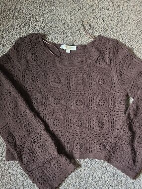 Rebellion Brown Openwork Crochet Crewneck Sweater